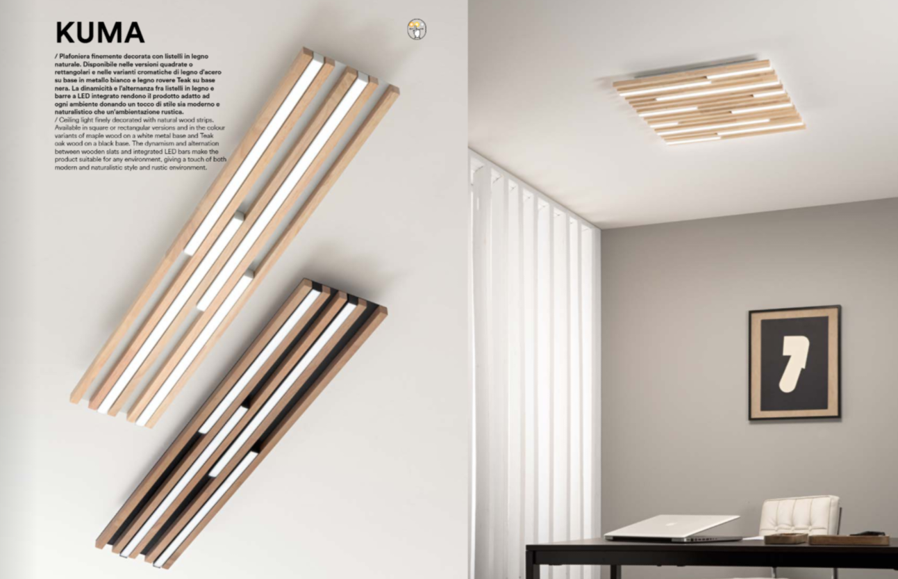 Plafoniera LED decorata da listelli di legno naturale varie misure e colore KUMA Plafoniera LED decorata da listelli di legno naturale varie misure e colore KUMA
